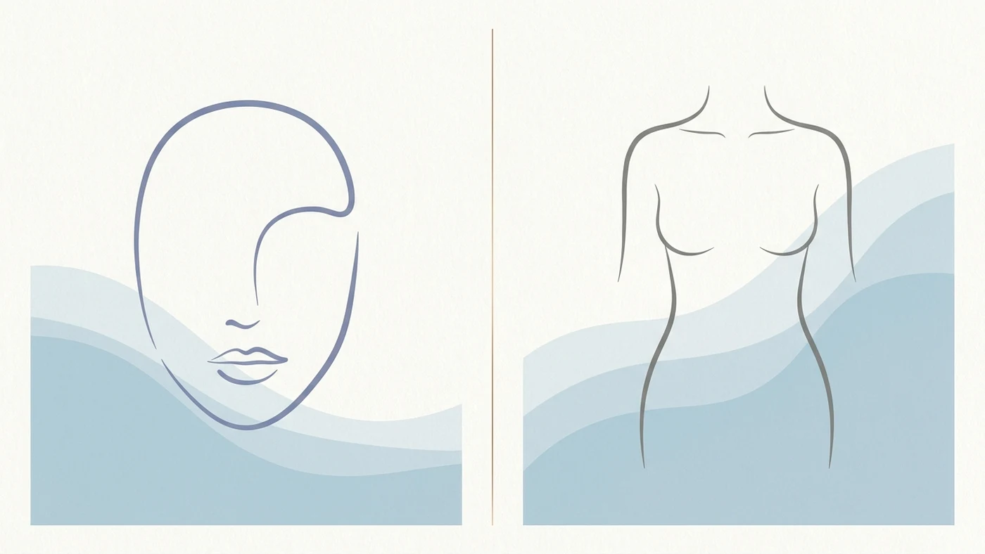 Esquema de dos paneles: contorno facial frente a silueta corporal, sin dispositivos ni cifras.