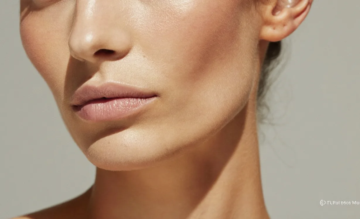 Detalle editorial de mandíbula y cuello con piel natural; distinción visual de territorio facial